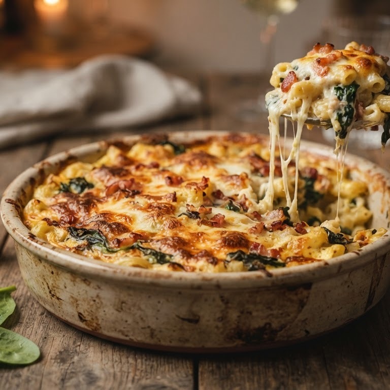 Ovenschotel met macaroni, spinazie en spekjes recept