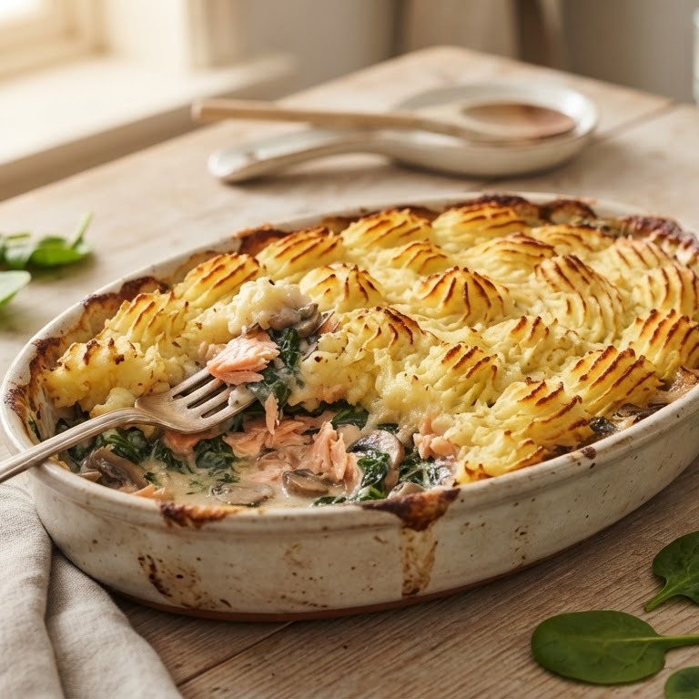 Ovenschotel met puree, spinazie, champignons en zalm recept