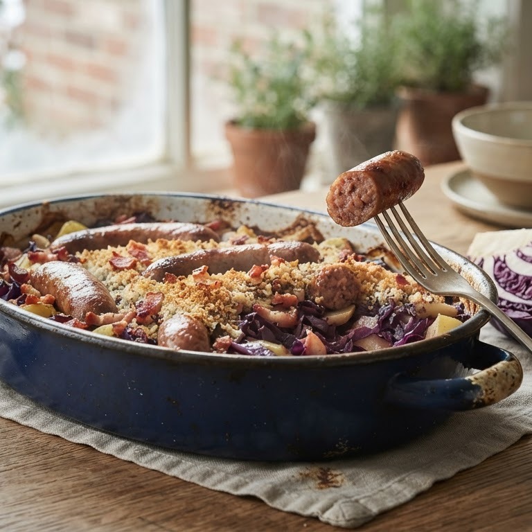 Ovenschotel met rode kool en worstjes recept