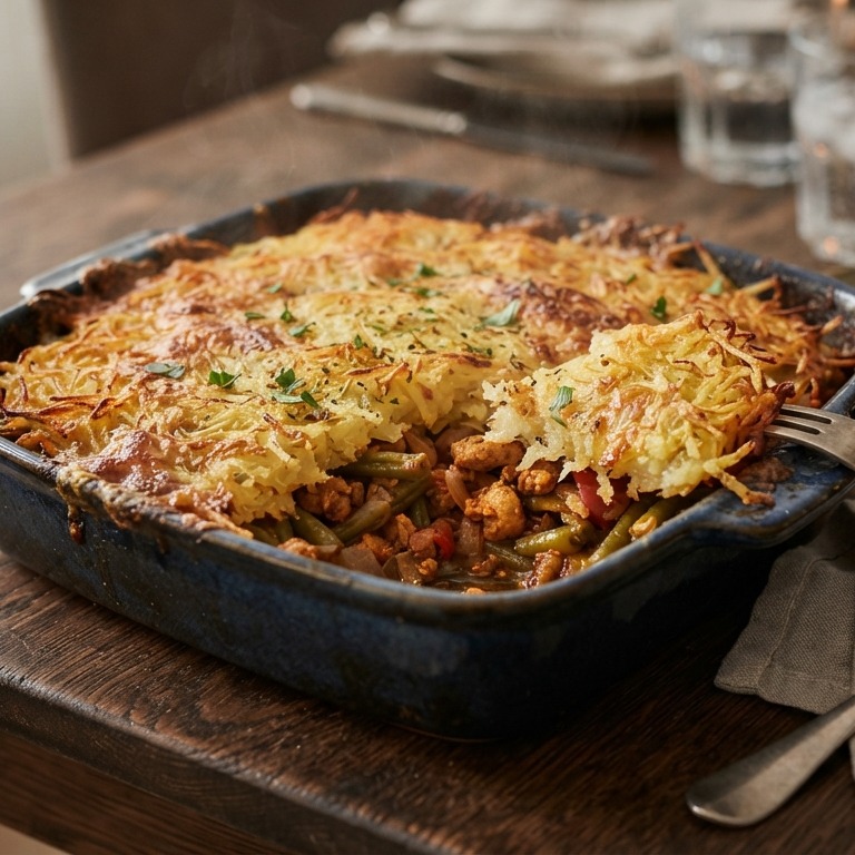 Ovenschotel met shoarma, sperzieboontjes en rosti recept