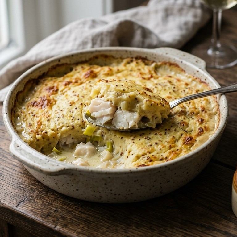 Ovenschotel met vis en mosterdpuree recept