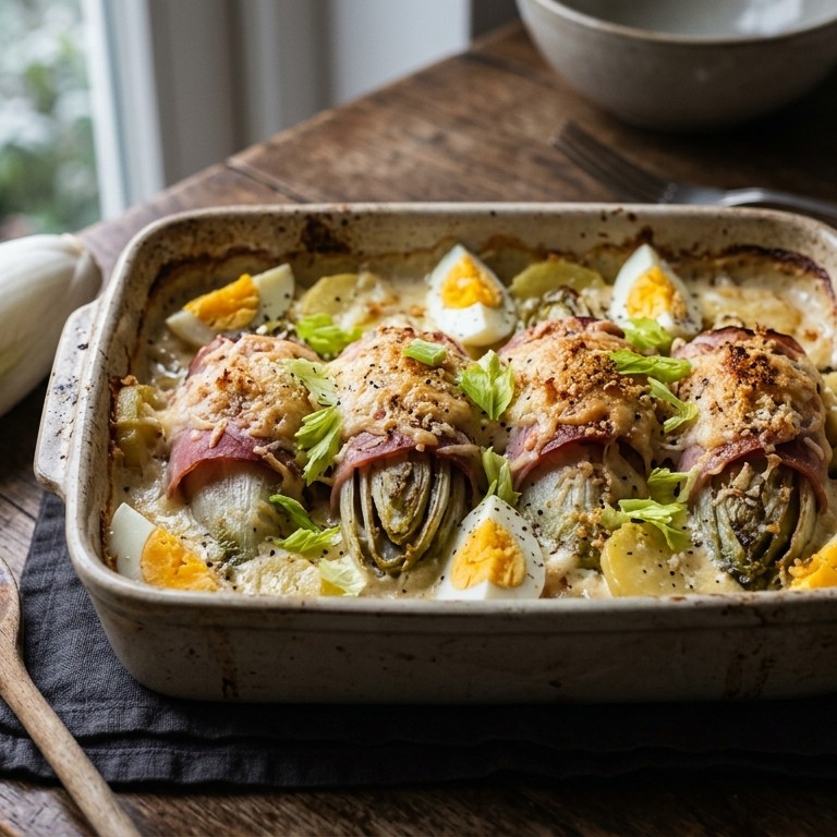 Ovenschotel met witlof, ham en eieren recept