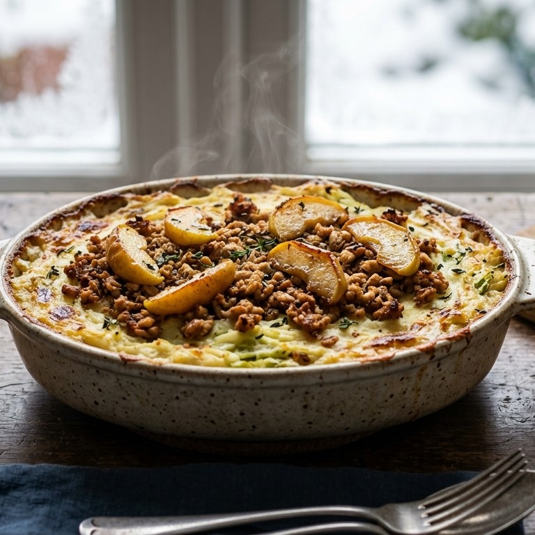 Ovenschotel savooiepuree met gebakken appeltjes recept
