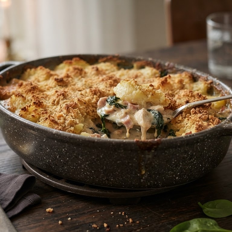 Ovenschotel van kippenragout, spinazie en aardappels recept