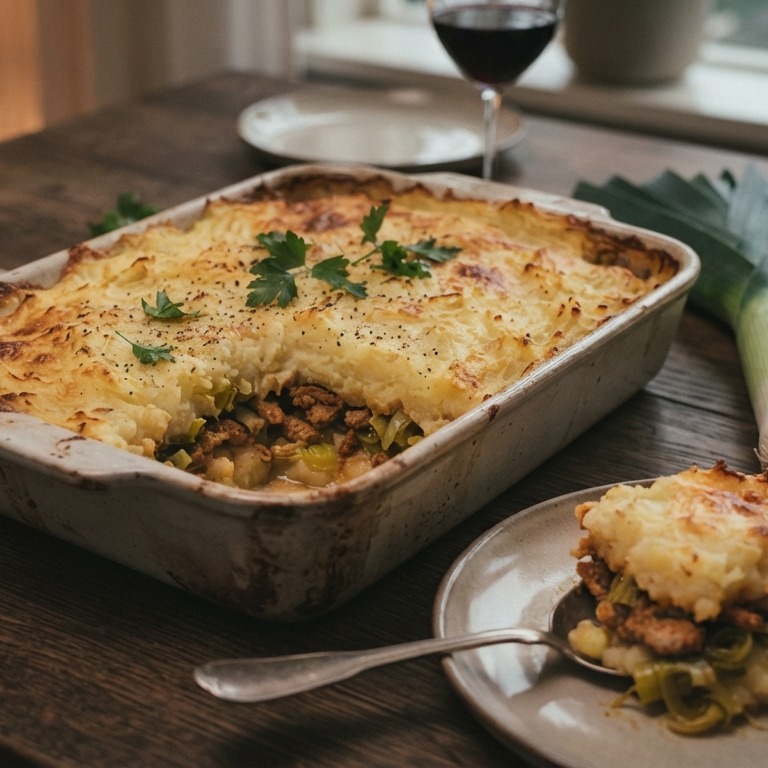 Ovenschotel van shoarma, prei en puree recept