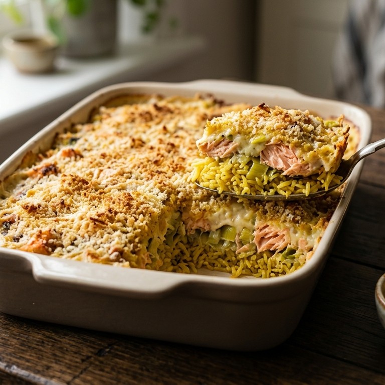 Ovenschotel van zalm, prei en rijst recept