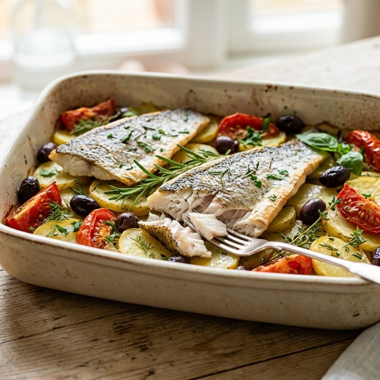 Ovenschotel van zeebaars met tomaten en olijven recept