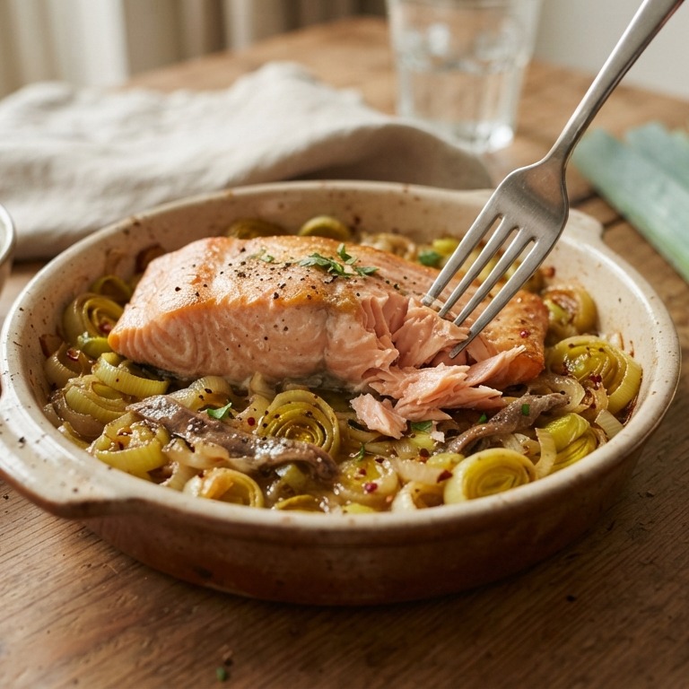 Ovenzalm met pittige prei recept