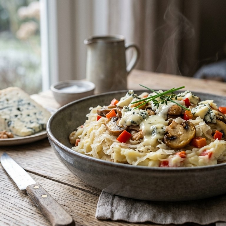 Paddenstoelen-zuurkoolstamppot met blauwaderkaas recept