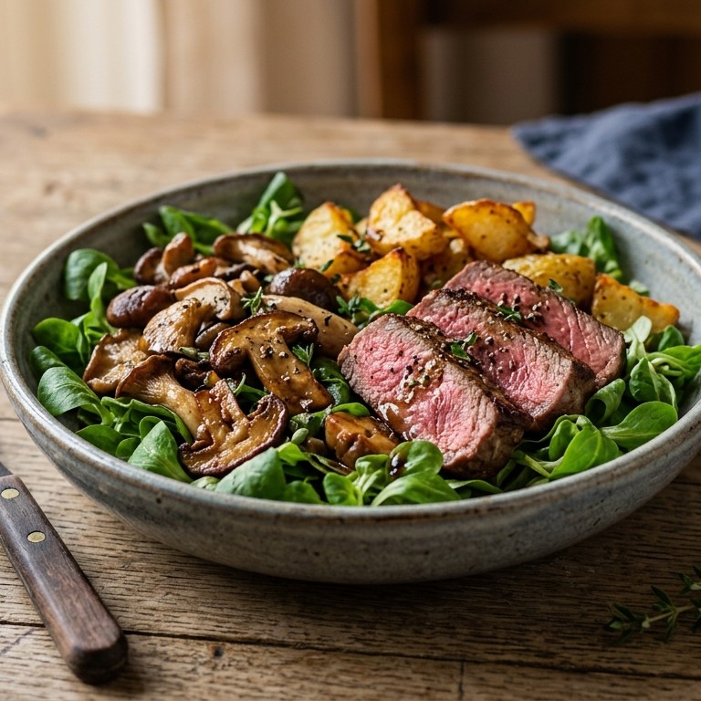 Paddenstoelensalade met biefstuk en stukjes aardappels recept