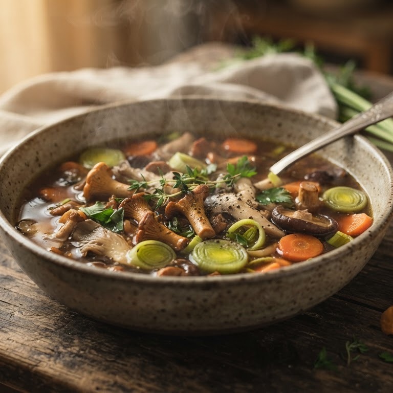 Paddenstoelensoep met prei, worteltjes en ketjap recept