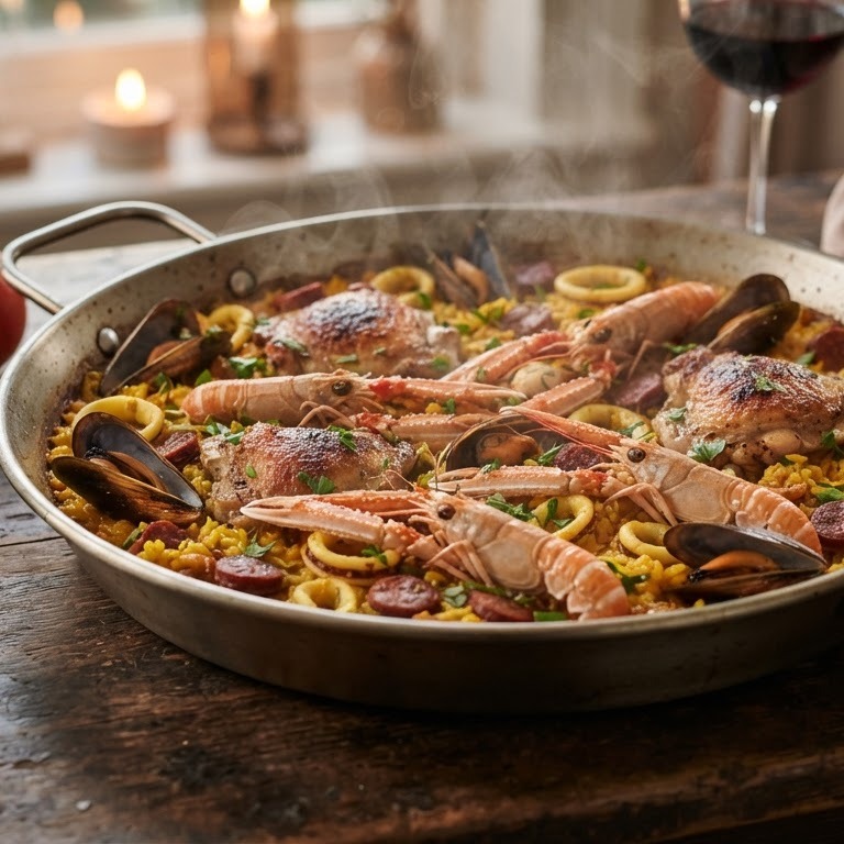 Paella met zeevruchten en kip recept