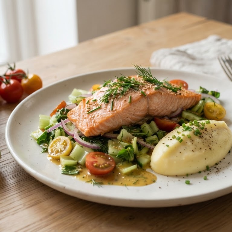 Paksoi-zalmsalade met smeuïge aardappelpuree recept