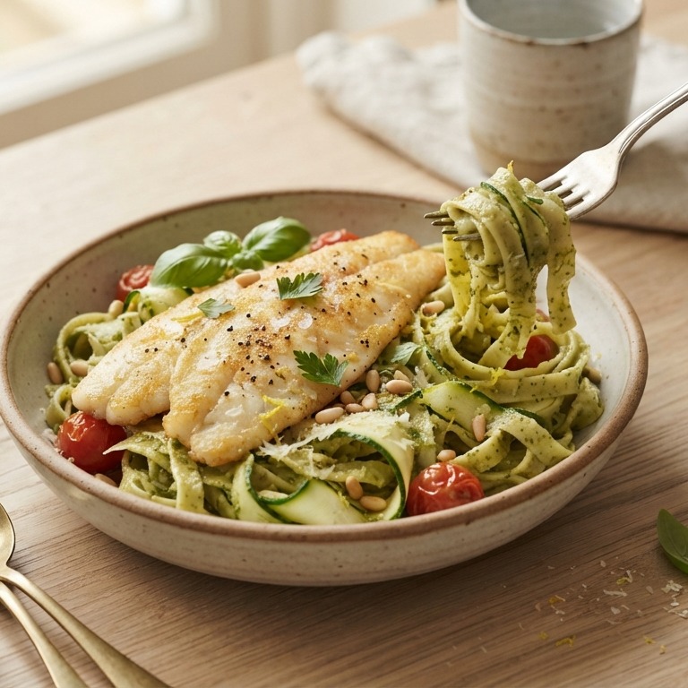 Pangafilet met courgette, pesto en pasta recept