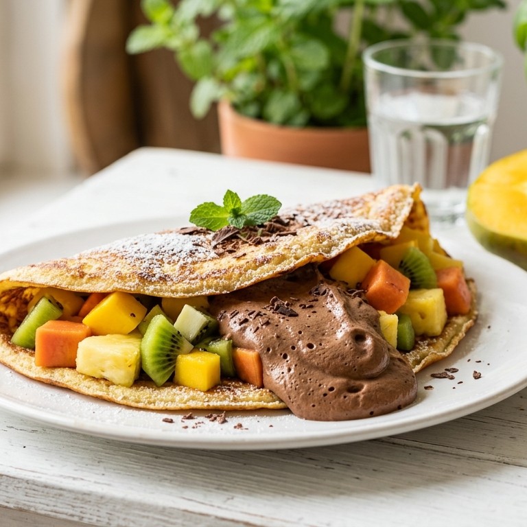 Pannenkoek gevuld met tropisch fruit en chocolademousse recept