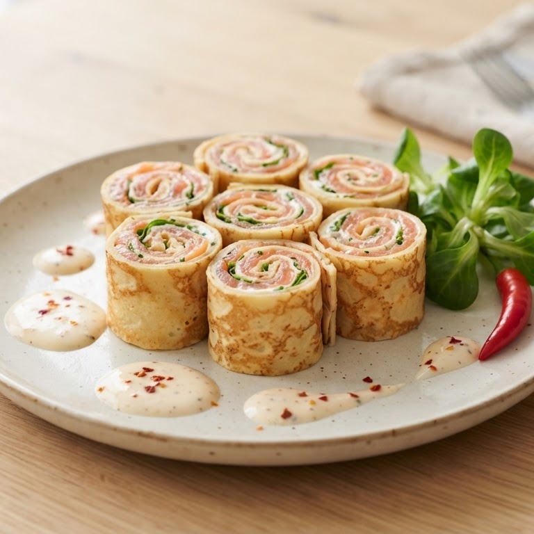 Pannenkoekenrolletjes met rode zalm en veldsla recept