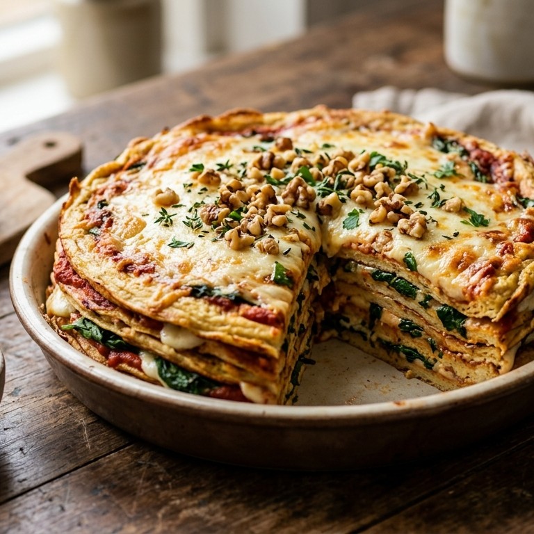 Pannenkoekentaart met spinazie en tomatensaus recept