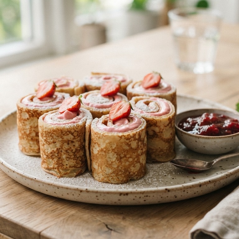 Pannenkoekrolletjes met aardbeienroom recept