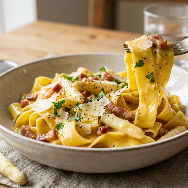 Pappardelle met een aspergeçarbonarasaus recept