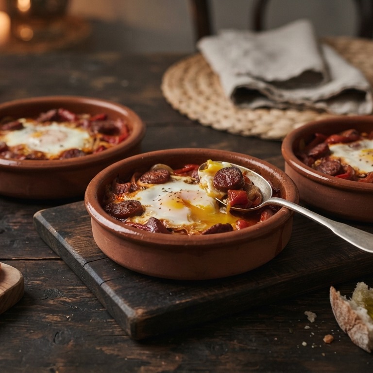 Paprika-ovenpotjes met ei en chorizo recept