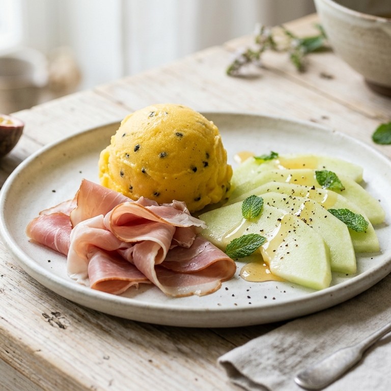 Passievrucht sorbetijs met Coburger ham recept