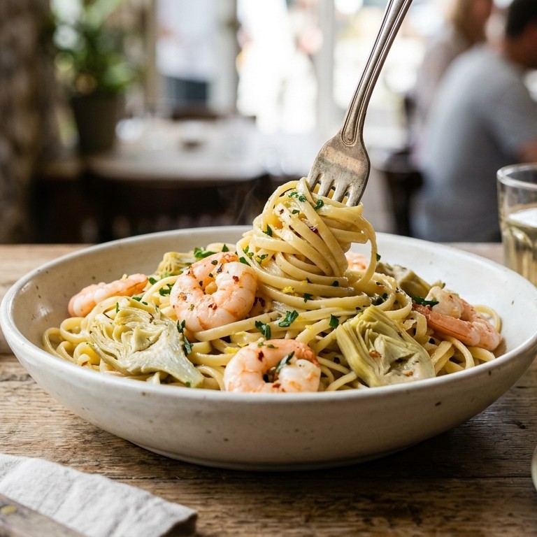 Pasta met artisjokharten en garnalen recept