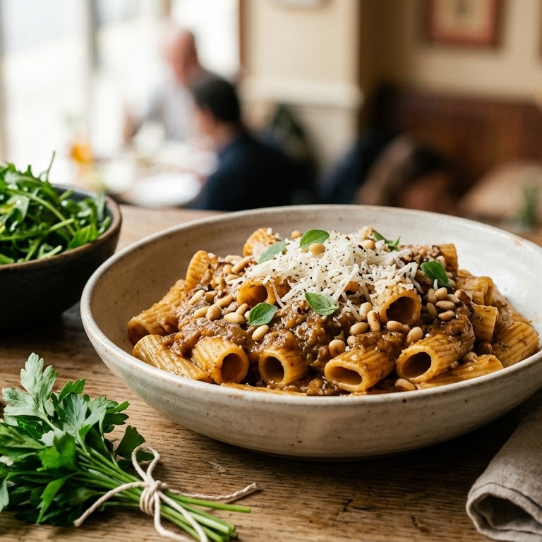 Pasta met auberginesaus en rucolasalade recept