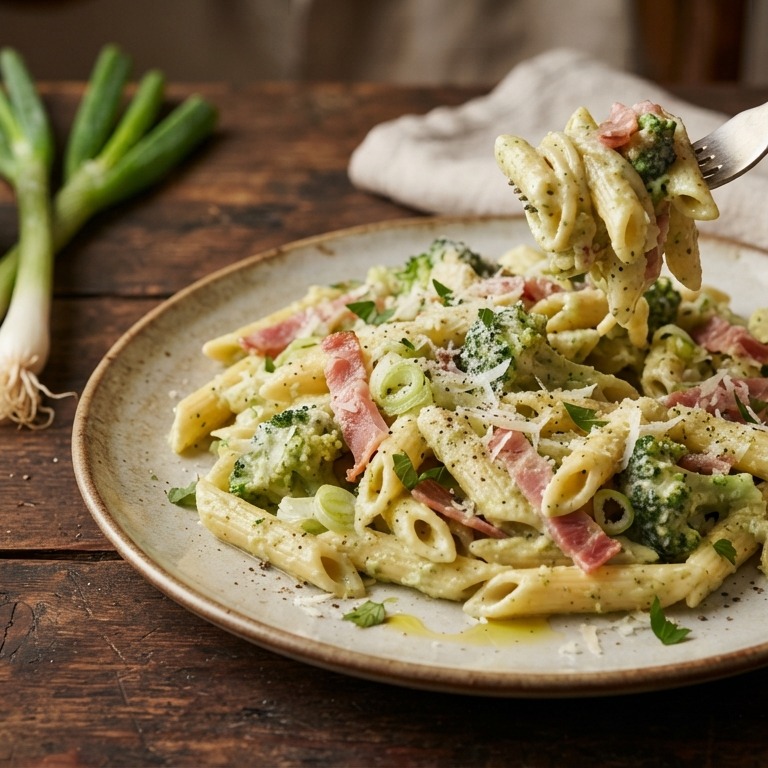 Pasta met broccoli, lenteui en hamreepjes in een pesto-roomsaus recept
