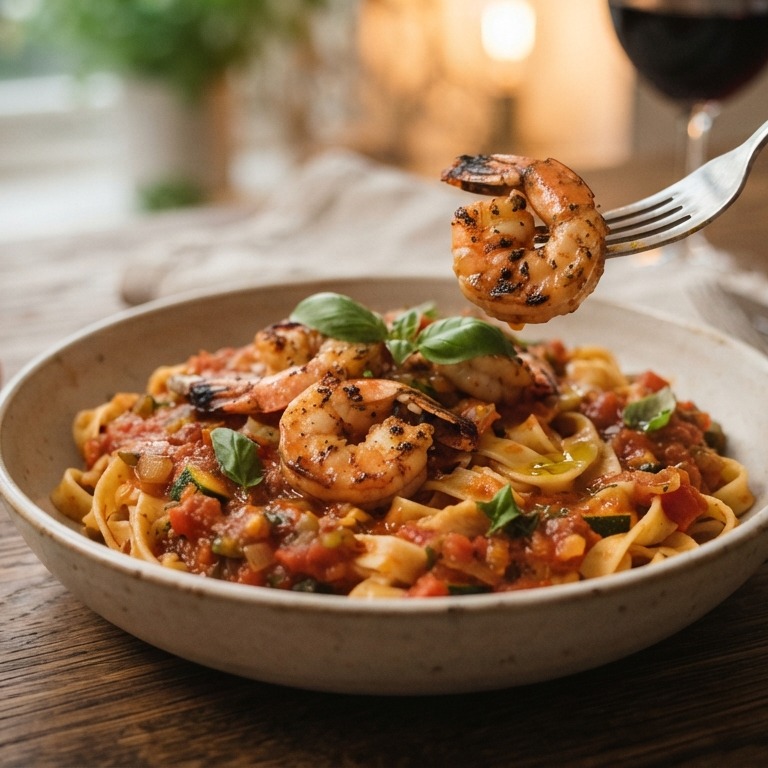 Pasta met garnalen in zelfgemaakte tomaten- en groentensaus recept
