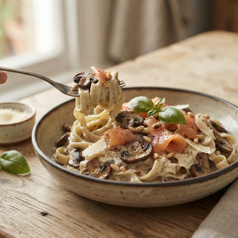 Pasta met gebakken champignons, Parmezaanse kaas en gerookte zalm recept