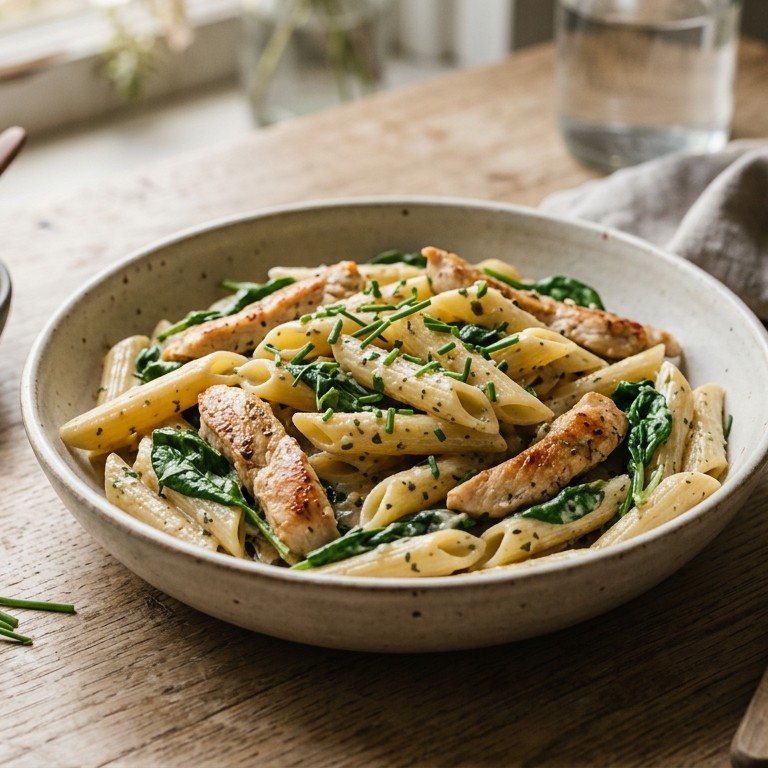 Pasta met kip en spinazie recept