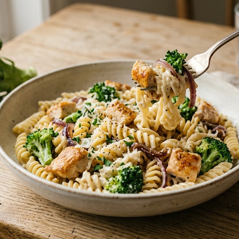 Pasta met kip, rode ui, broccoli en roomsaus recept