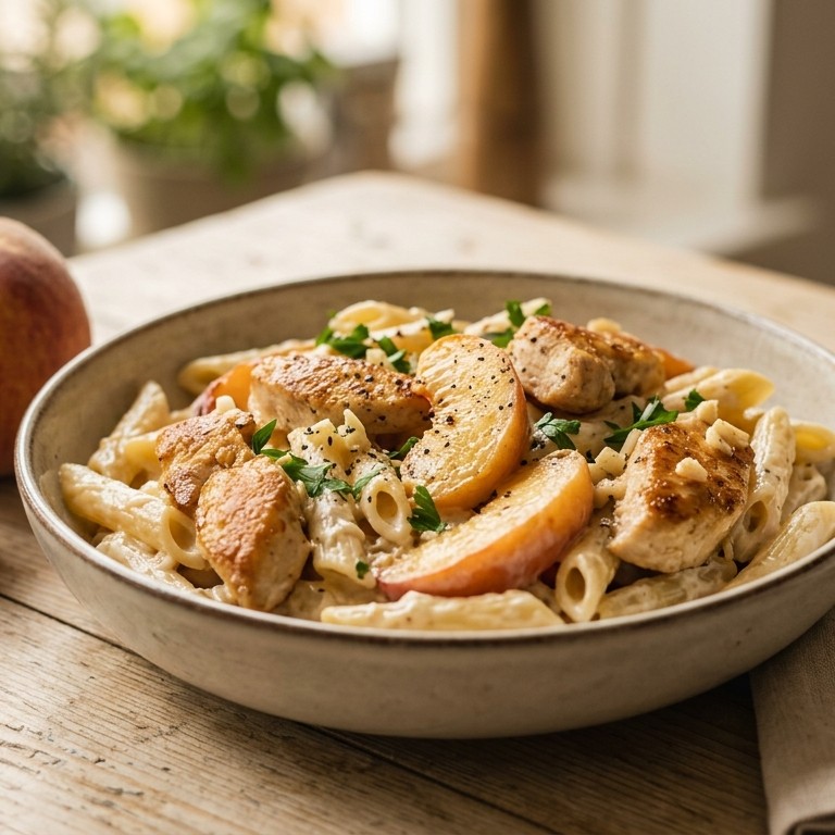 Pasta met kip, roomkaas en perzik recept