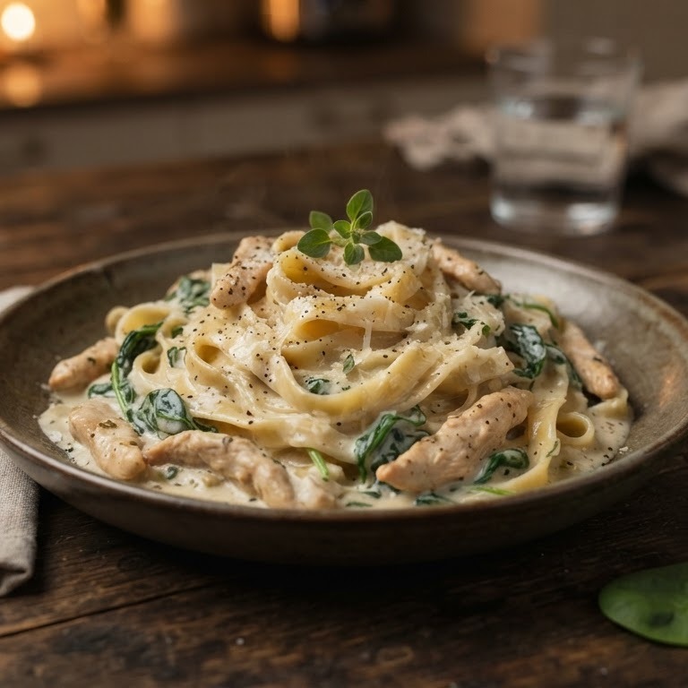 Pasta met kip, zure room en spinazie recept
