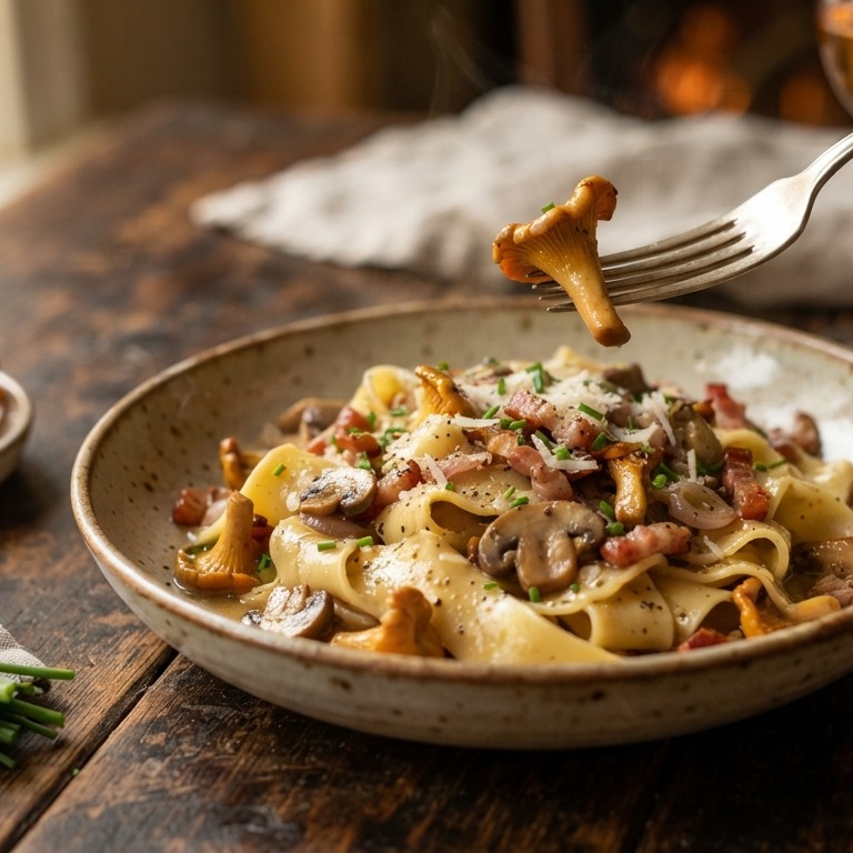 Pasta met paddestoelen, bieslook en spek recept