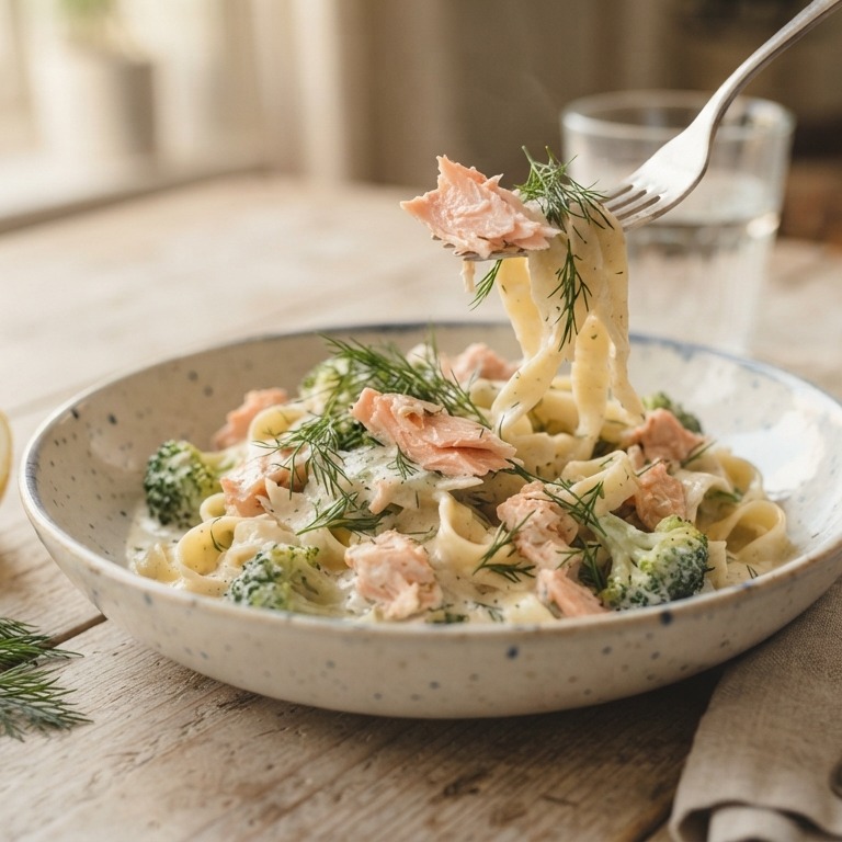 Pasta met romige zalm en dille recept