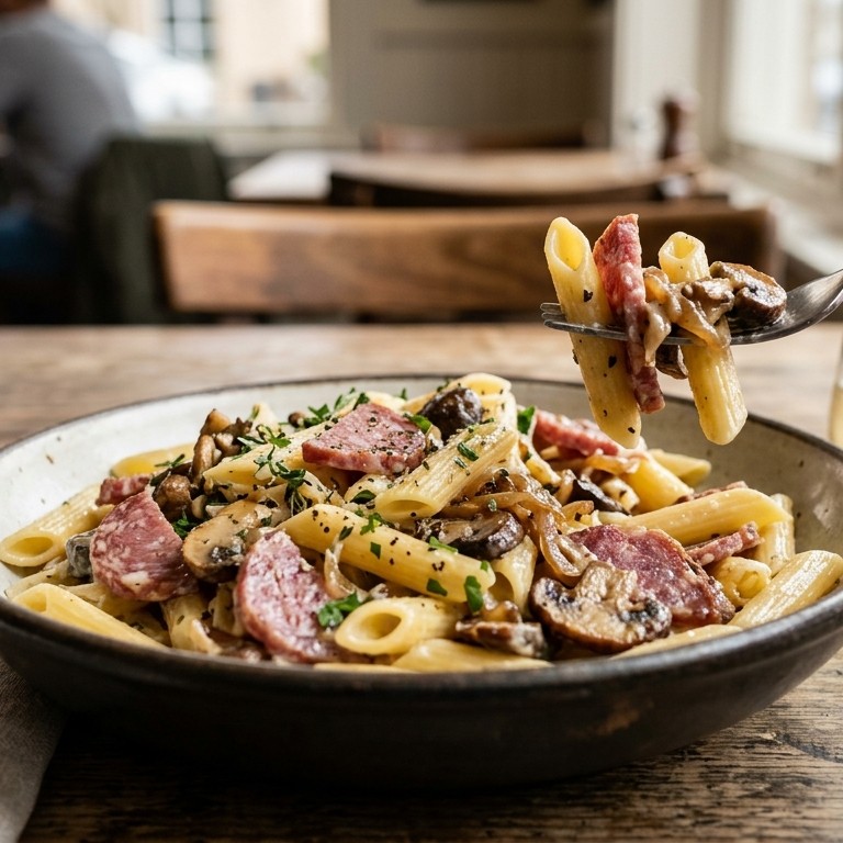 Pasta met salami en champignons recept