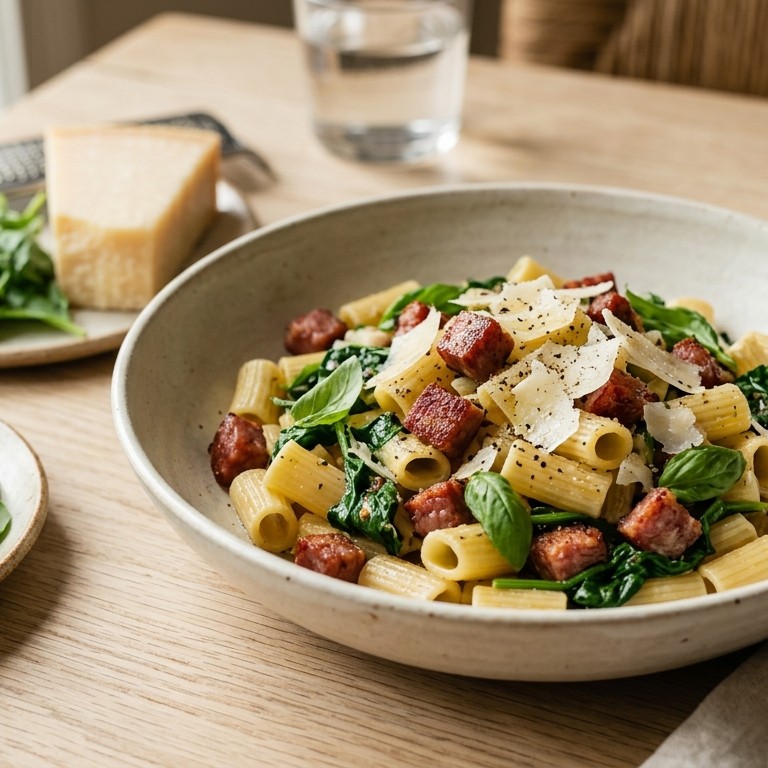Pasta met salami en spinazie recept