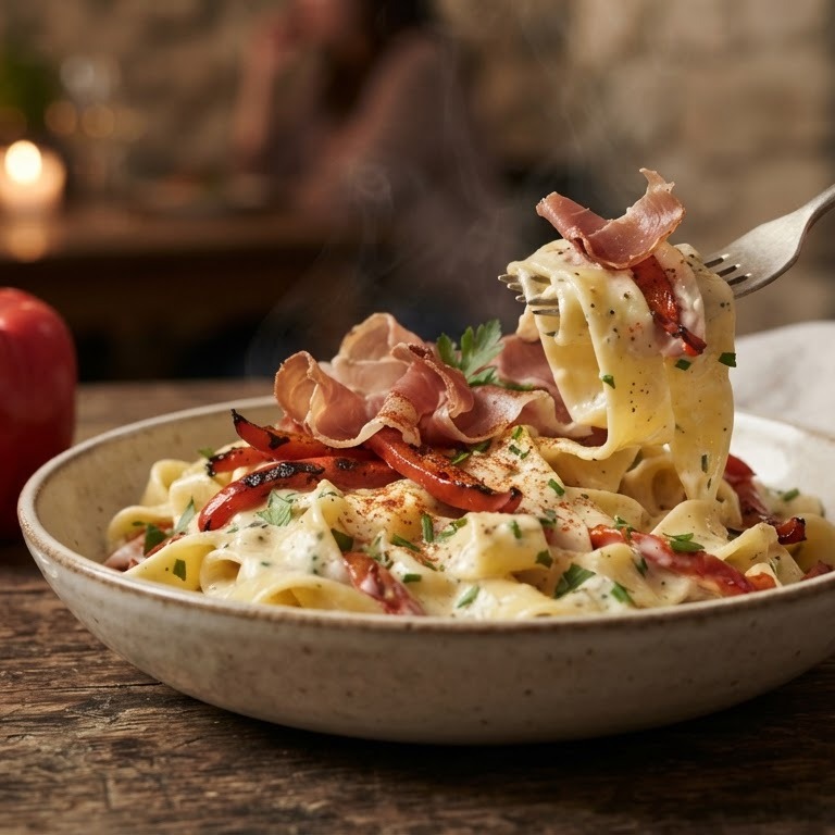 Pasta met serranoham, paprika en roomsaus recept