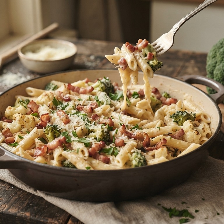 Pasta met spek, bloemkool en broccoli recept