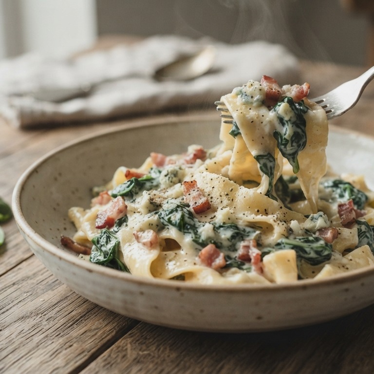 Pasta met spekjes en spinazie recept