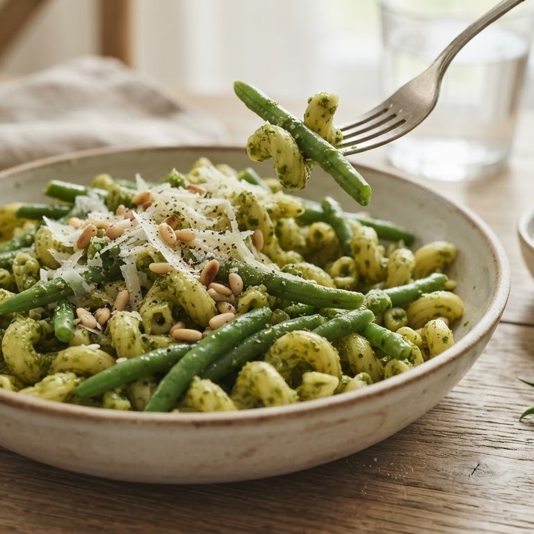 Pasta met sperziebonen en pesto recept