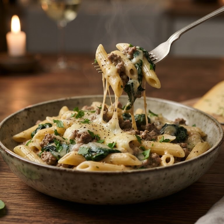 Pasta met spinazie en Boursin recept