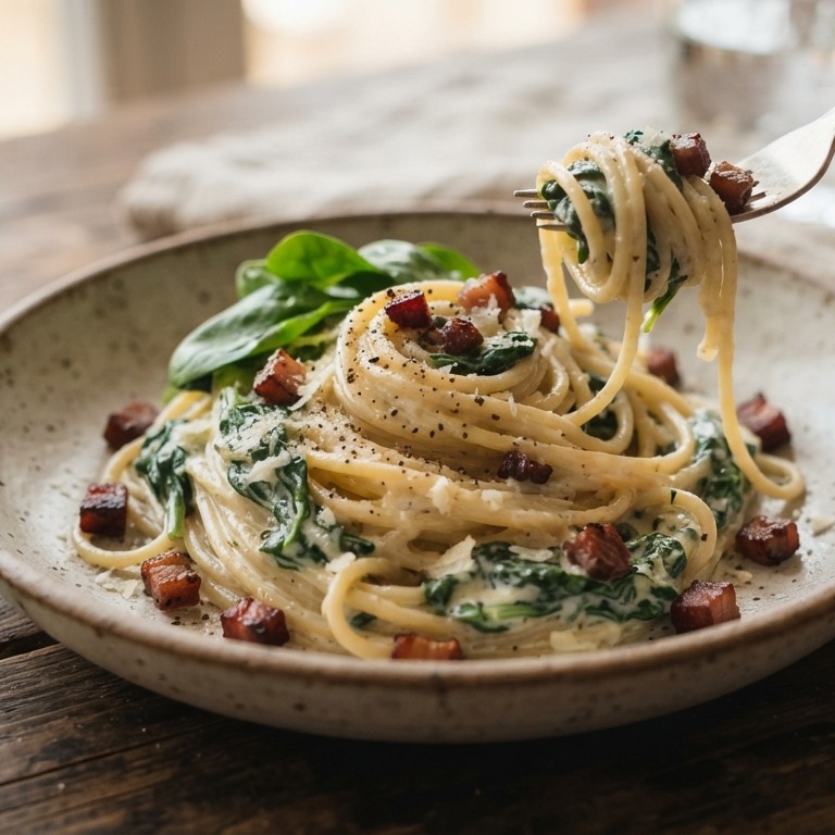 Pasta met spinazie en spekjes recept