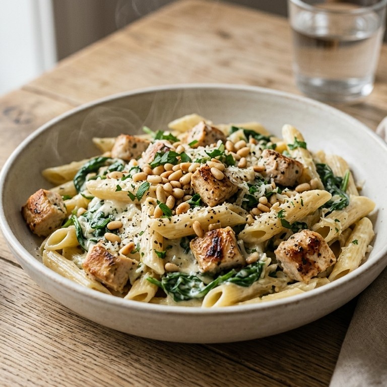 Pasta met spinazie, kip, boursin en pijnboompitjes recept