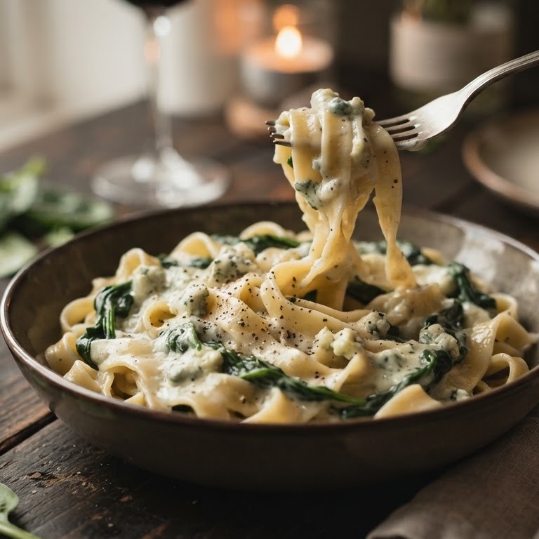 Pasta met spinazie, knoflook en pittige kaas recept