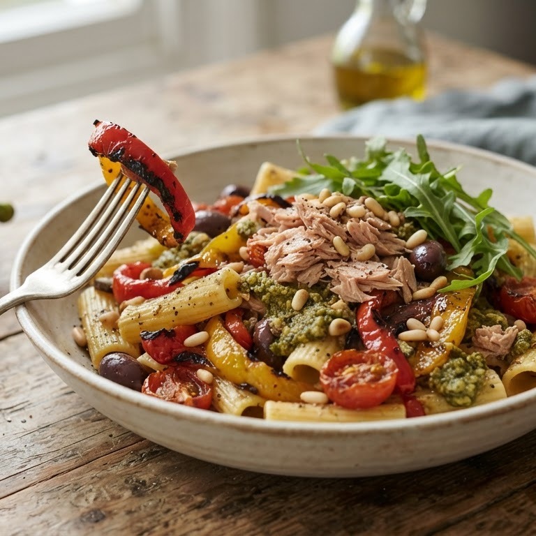 Pasta met tonijn en geroosterde groenten recept