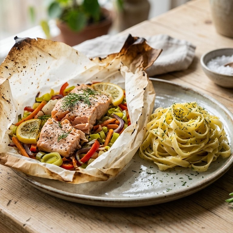 Pasta met vis in papiotte recept