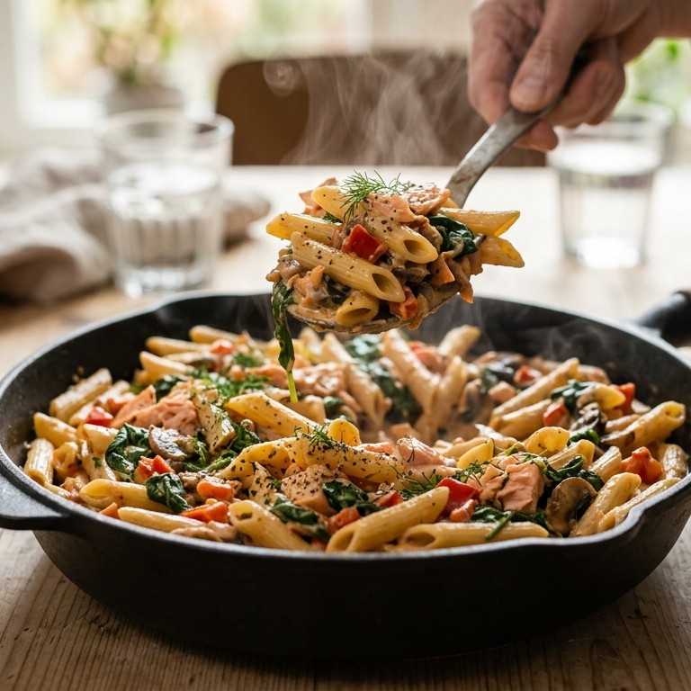 Pasta met zalm en spinazie recept