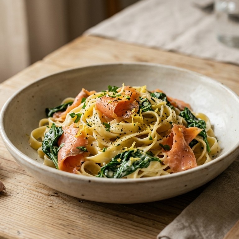 Pasta met zalm en spinazie recept